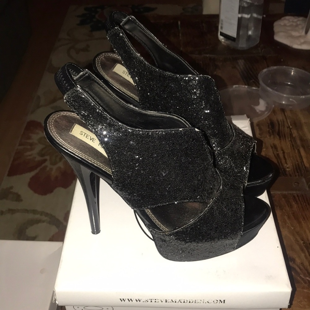 Steve Madden black glitter platforms